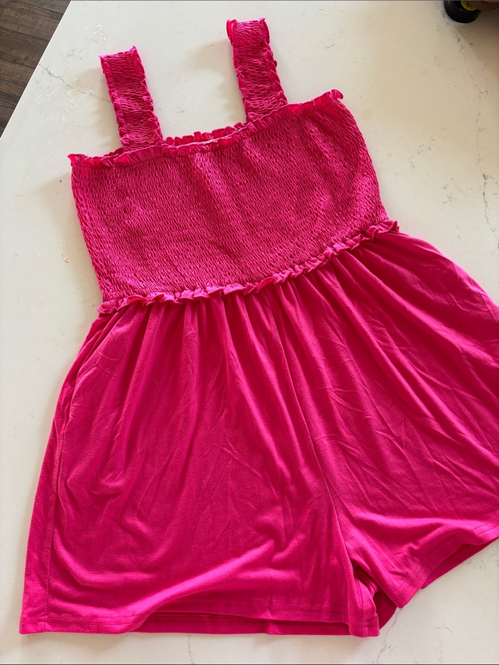 Fuchsia Smocked Romper with Wide Straps & Pockets